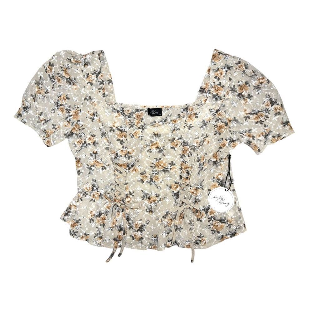 Milk & Honey Women’s 1X Floral Eyelet Top Corset Ties Cottagecore Boho‎ NEW